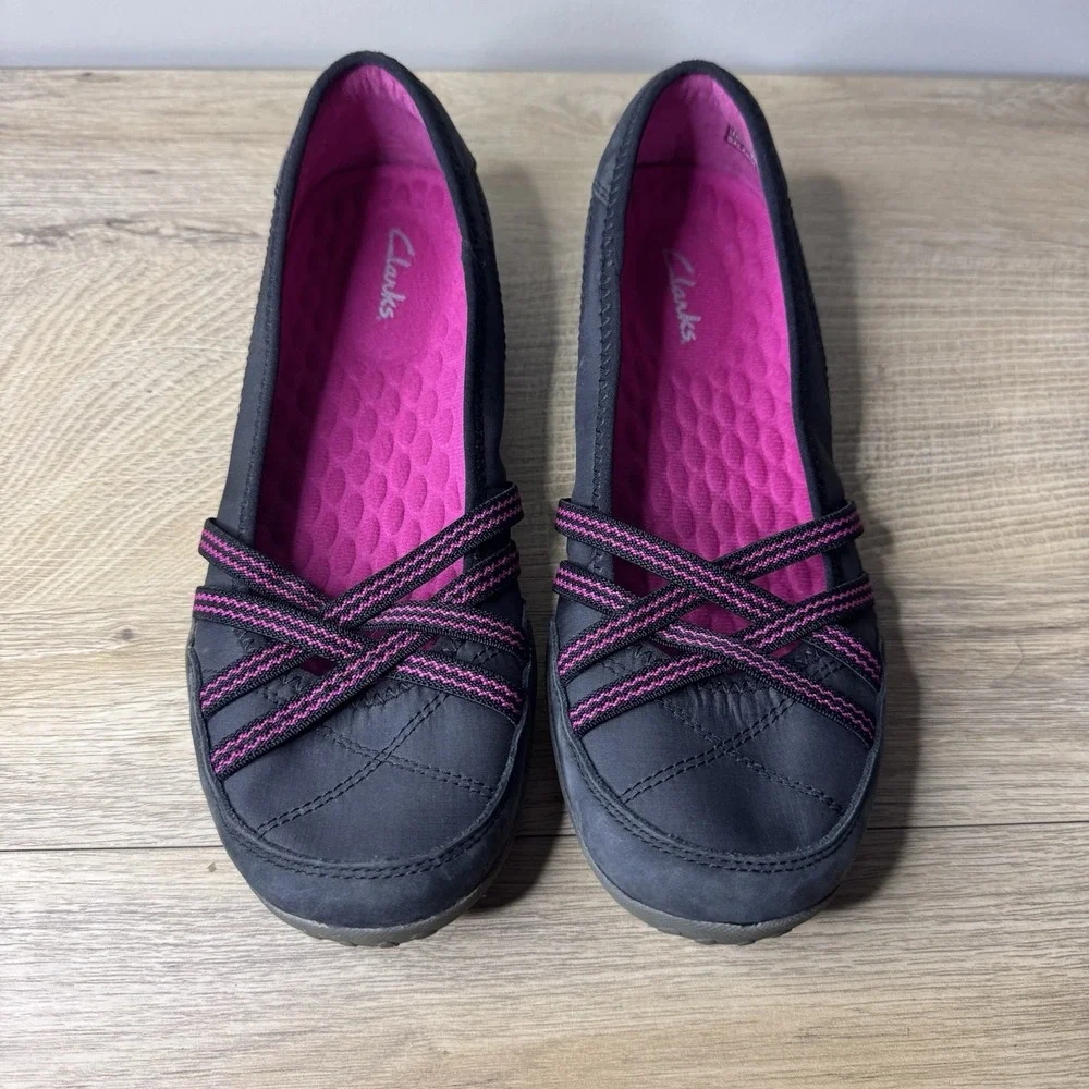 Clarks Shoes Gray Pink Flats Nubuck Suede Cushioned‎ Slip On Neutral Casual 7